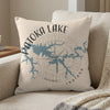 Patoka Lake Indiana map design on a textured light beige pillow with compass rose.