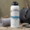 White water bottle with "North Channel" text and compass design, next to a duffel bag and rolled towel.