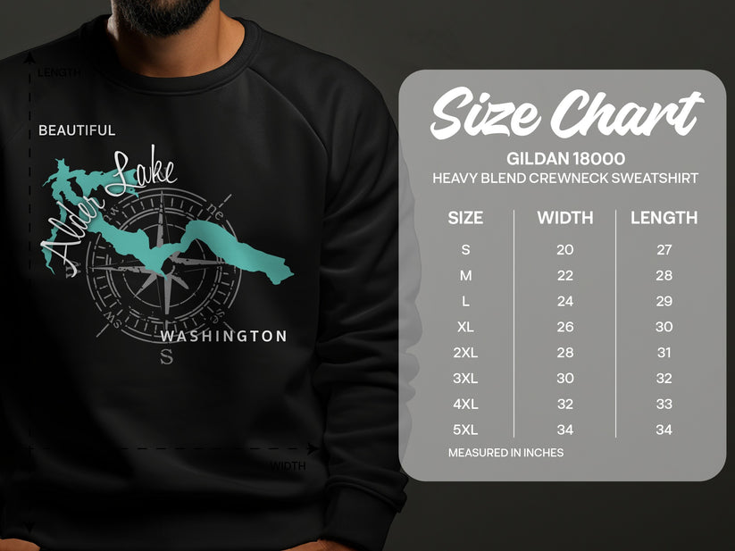 Sweatshirt with Alder Lake Washington graphic and Gildan size chart.