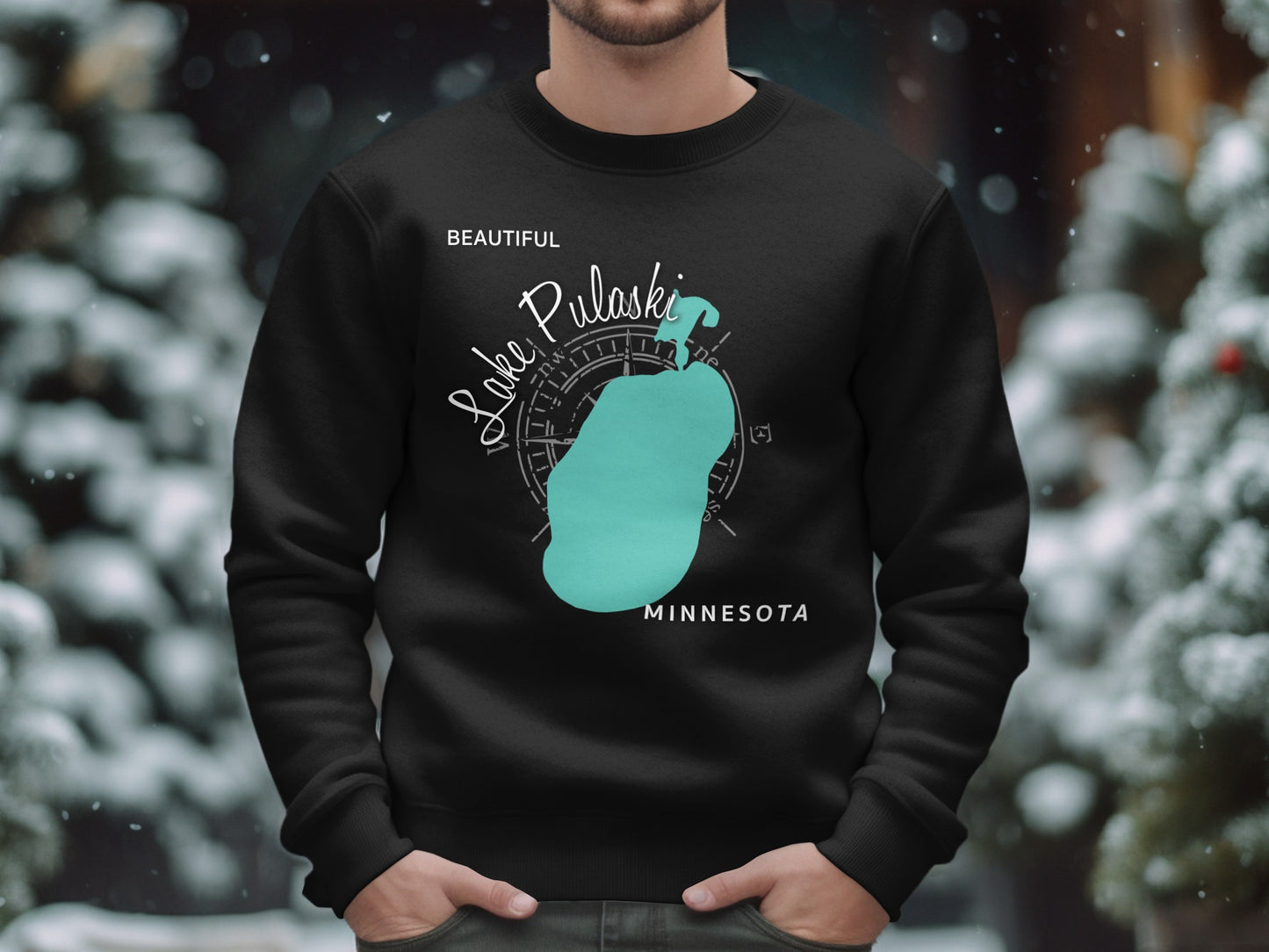 Black sweatshirt with "Beautiful Lake Pulaski Minnesota" text and lake outline.