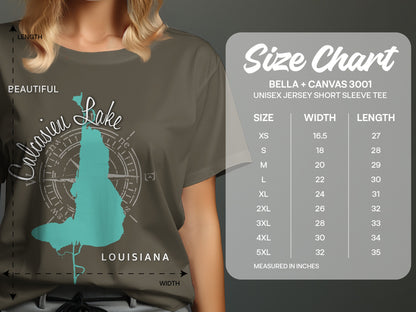 Size chart for Bella + Canvas 3001 t-shirt with Calcasieu Lake graphic.