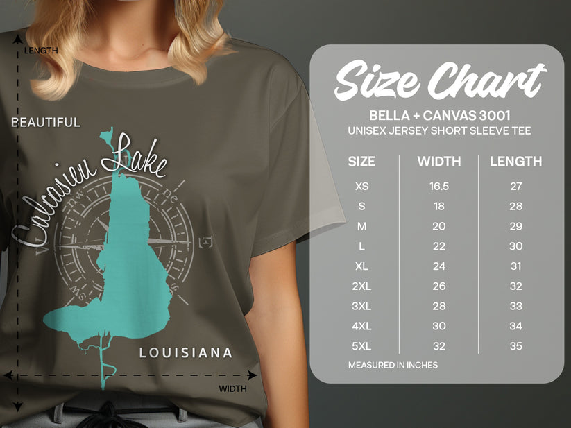 Size chart for Bella + Canvas 3001 t-shirt with Calcasieu Lake graphic.