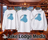 White sweatshirt, short sleeve shirt, and hoodie feature Emerald Lake map design.