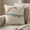 Pillow with "Catskill Lake New Jersey" text and blue lake shape over compass rose.