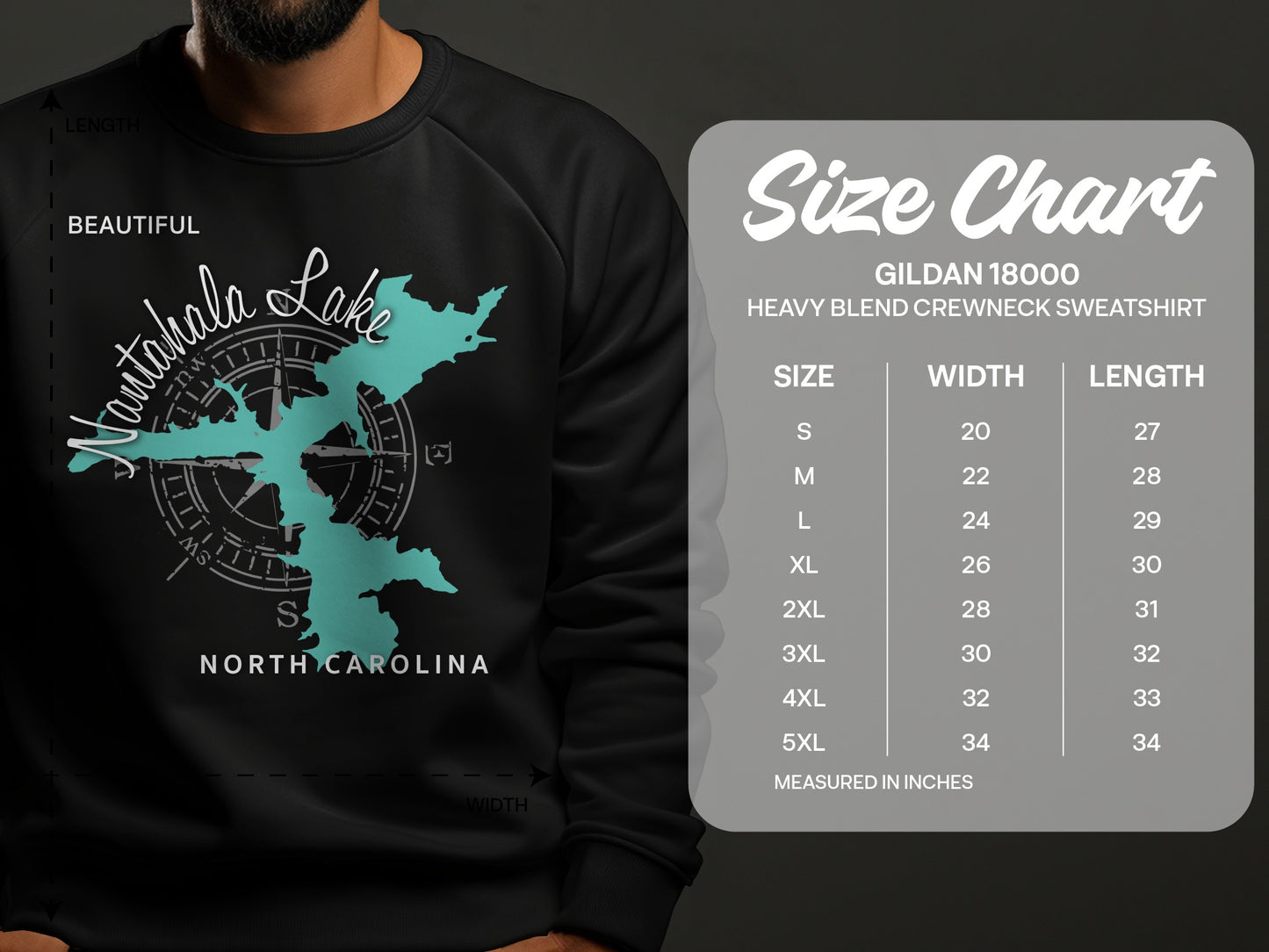 Nantahala Lake map graphic on black sweatshirt with size chart.