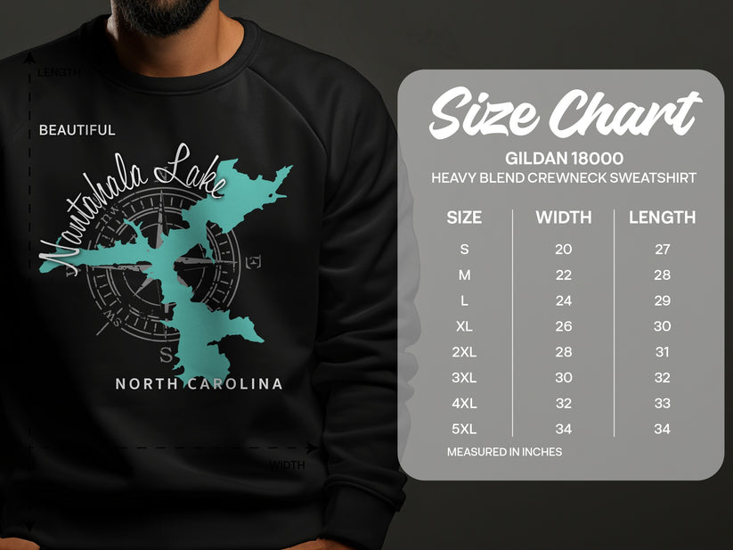 Nantahala Lake map graphic on black sweatshirt with size chart.