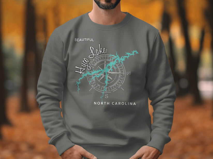 Dark gray sweatshirt with compass rose and "Hyco Lake North Carolina" text.