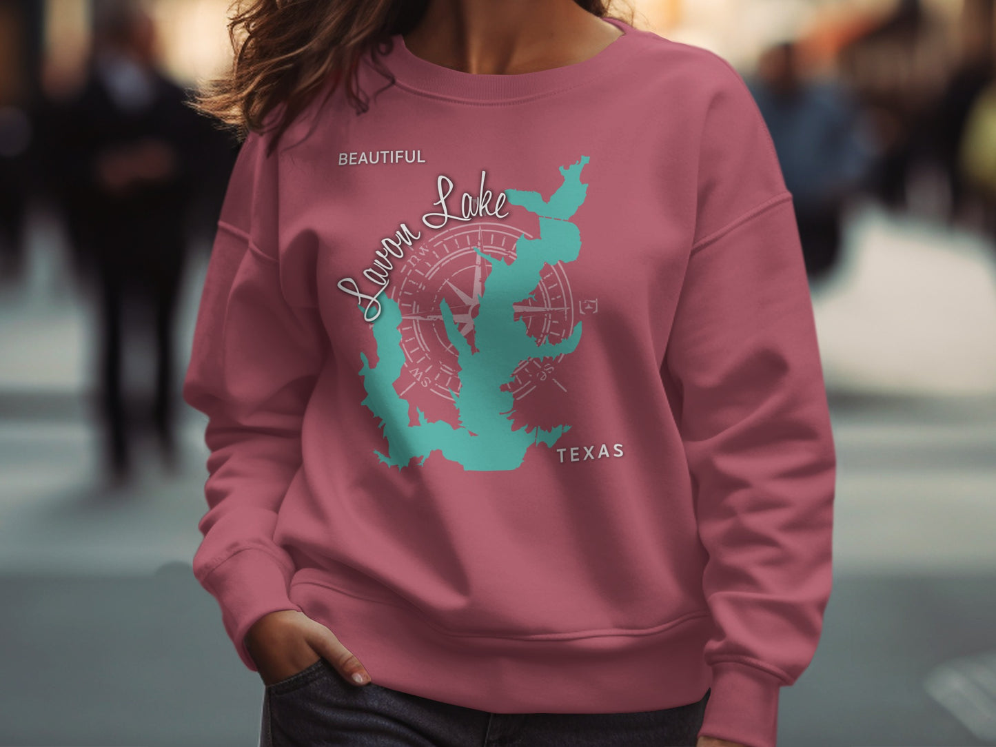 Maroon sweatshirt with teal Lake Sam Rayburn compass design and Texas text.
