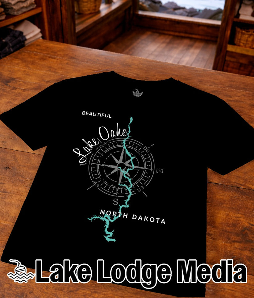 Black t-shirt with "Beautiful Lake Oahe North Dakota" and compass design.