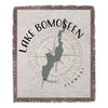 Lake Bomoseen Vermont map and compass design on a fringed throw blanket.