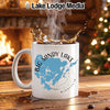 White mug with Big Sandy Lake, Minnesota design, steam rising.