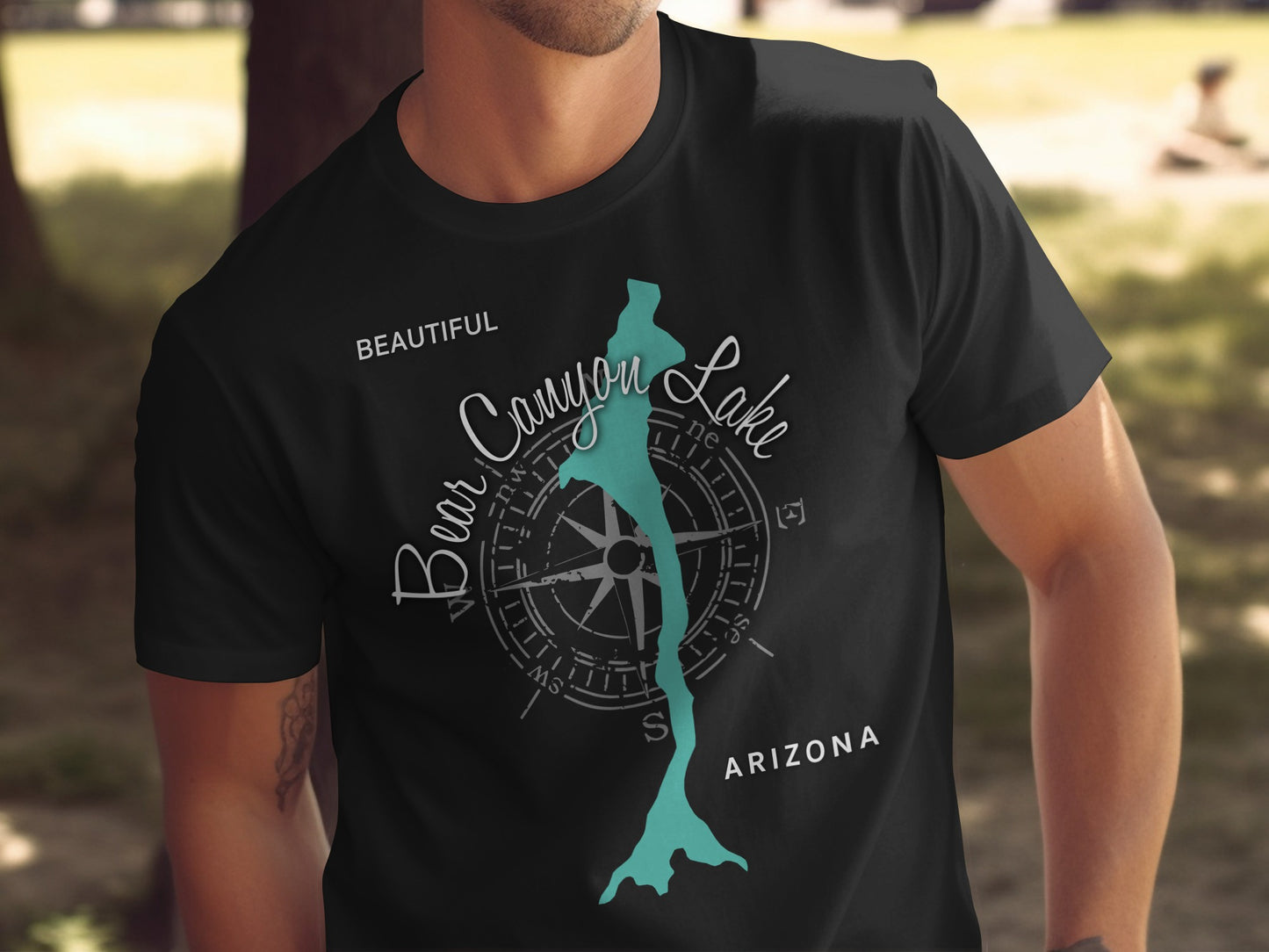 Black t-shirt with Bear Canyon Lake map and compass graphic.