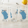 Three clear glasses with a blue Lake George, Florida map design and text.