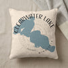 Clearwater Lake map with Minnesota text on a textured cream pillow.