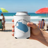 White koozie with blue Round Valley Reserve, New Jersey map and compass design.