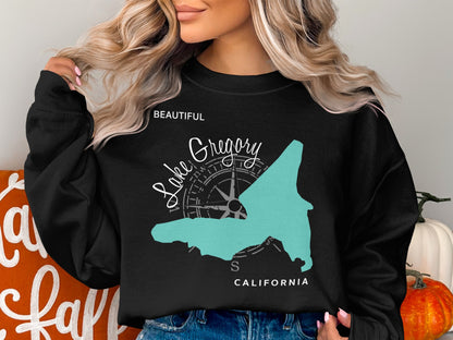Black sweatshirt with Lake Gregory California map graphic and compass design.