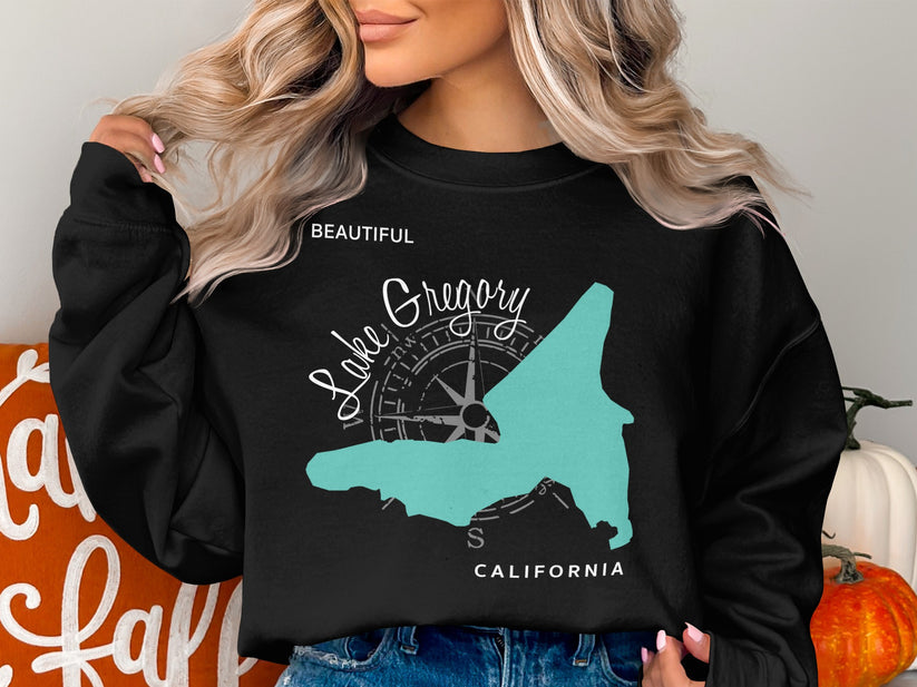 Black sweatshirt with Lake Gregory California map graphic and compass design.