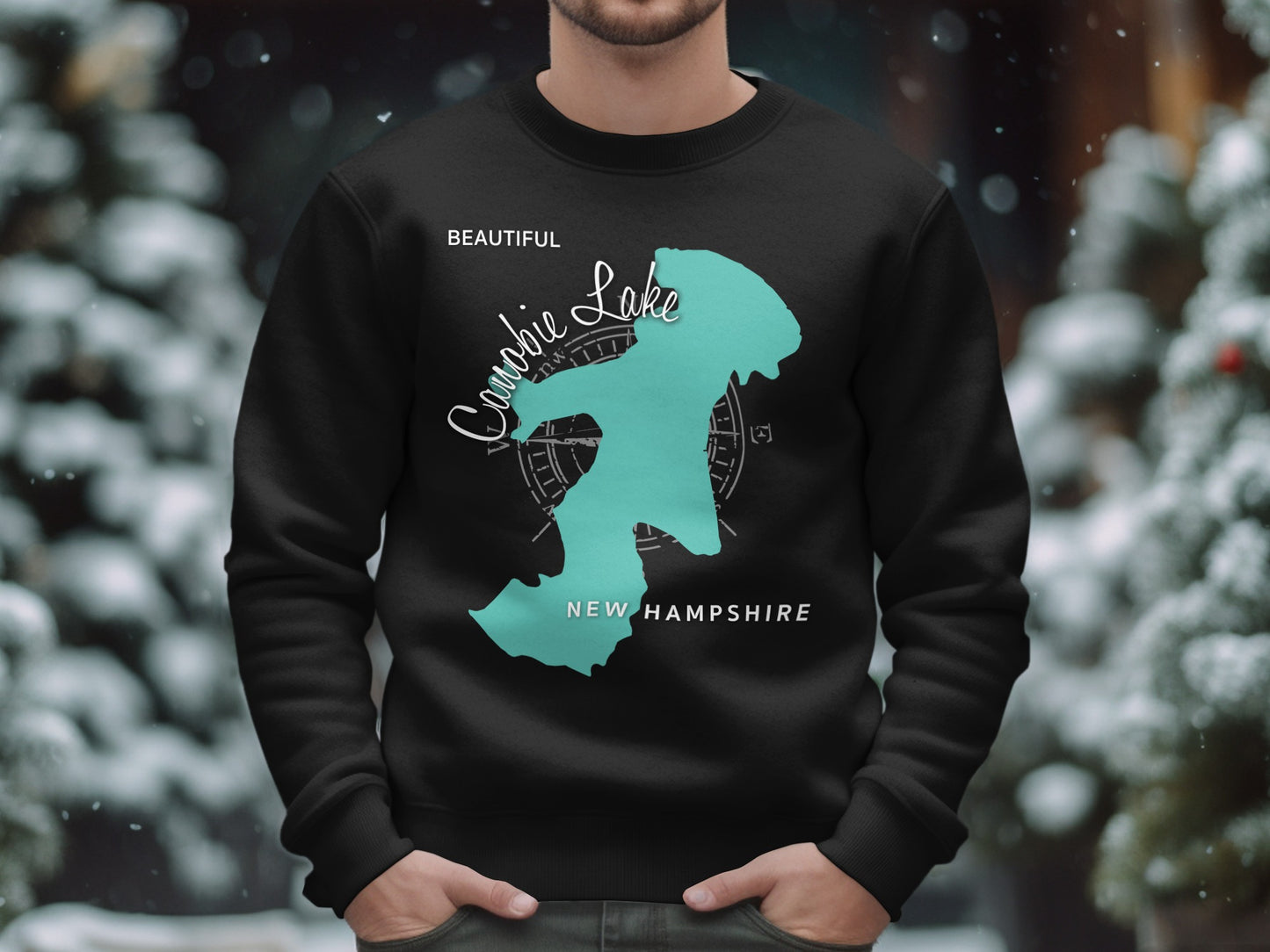 Black sweatshirt with a teal outline of Lake Winnipesaukee and "New Hampshire".