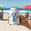 White can cooler with blue Rend Lake Illinois map and compass, held at beach.