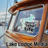 Sticker with turquoise Beaver Lake map and "Beaver Lake Life" text on a boat window.