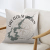 Throw pillow with Lake Cecil M Harden Indiana map and compass graphic.