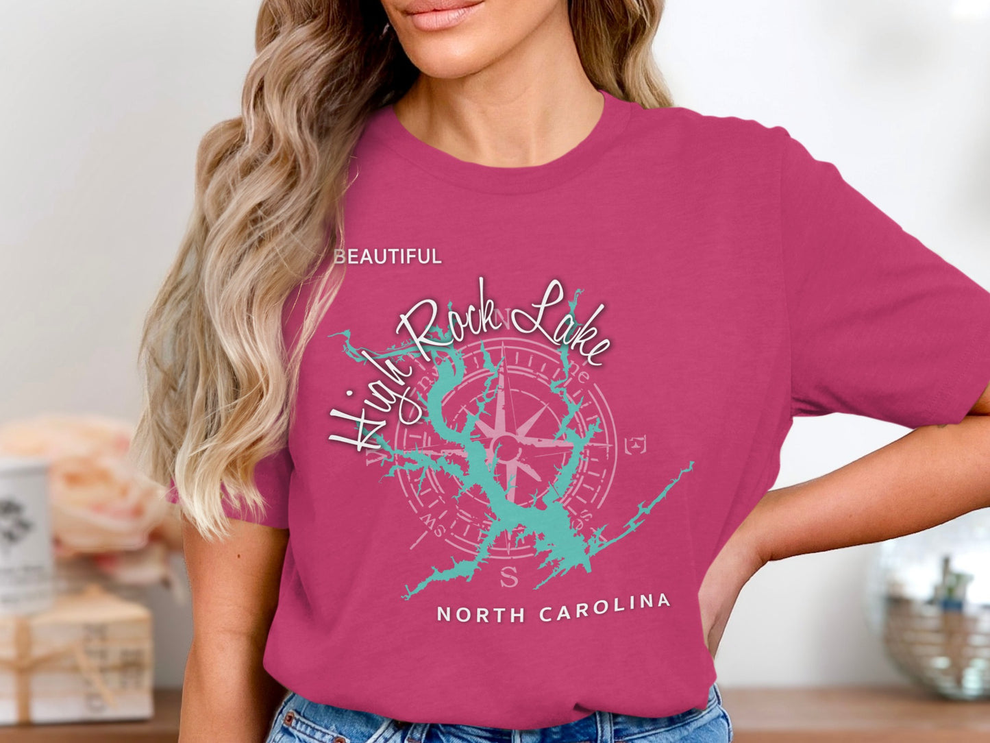 Pink t-shirt with "Beautiful High Rock Lake North Carolina" and a compass rose graphic.