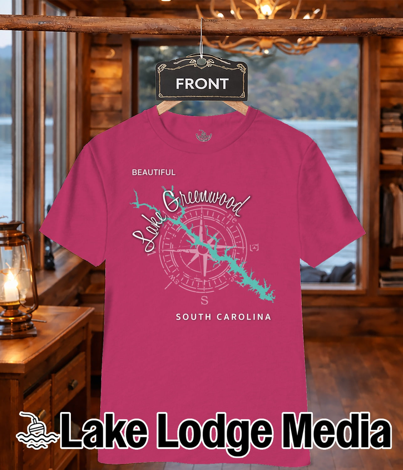 Pink t-shirt with "Lake Greenwood South Carolina" and compass graphic.