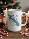 White mug with blue map silhouette of Waurika Lake, Oklahoma and compass design.