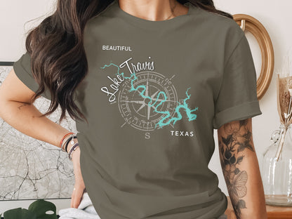 Olive green t-shirt with Lake Travis compass graphic and Texas outline.