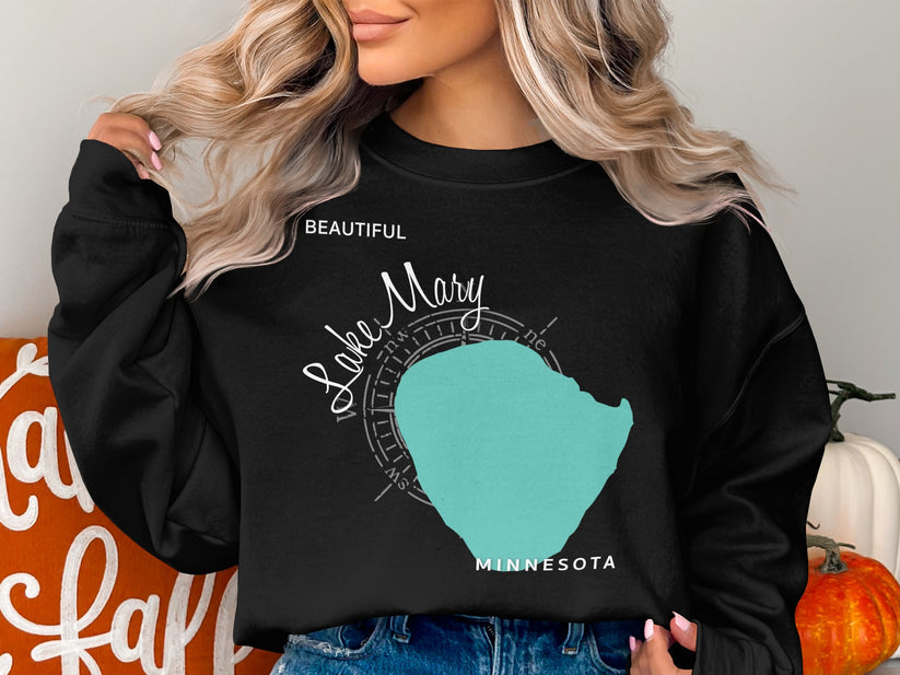Black sweatshirt with a turquoise outline map of Lake Minnetonka, Minnesota.