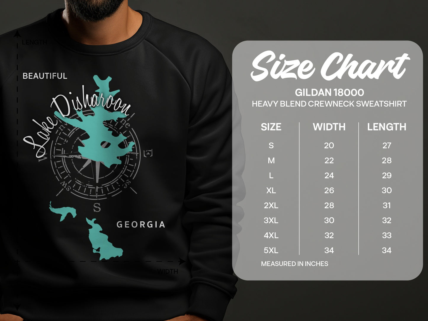 Lake Disharoon Georgia sweatshirt with size chart for Gildan 18000 crewneck.