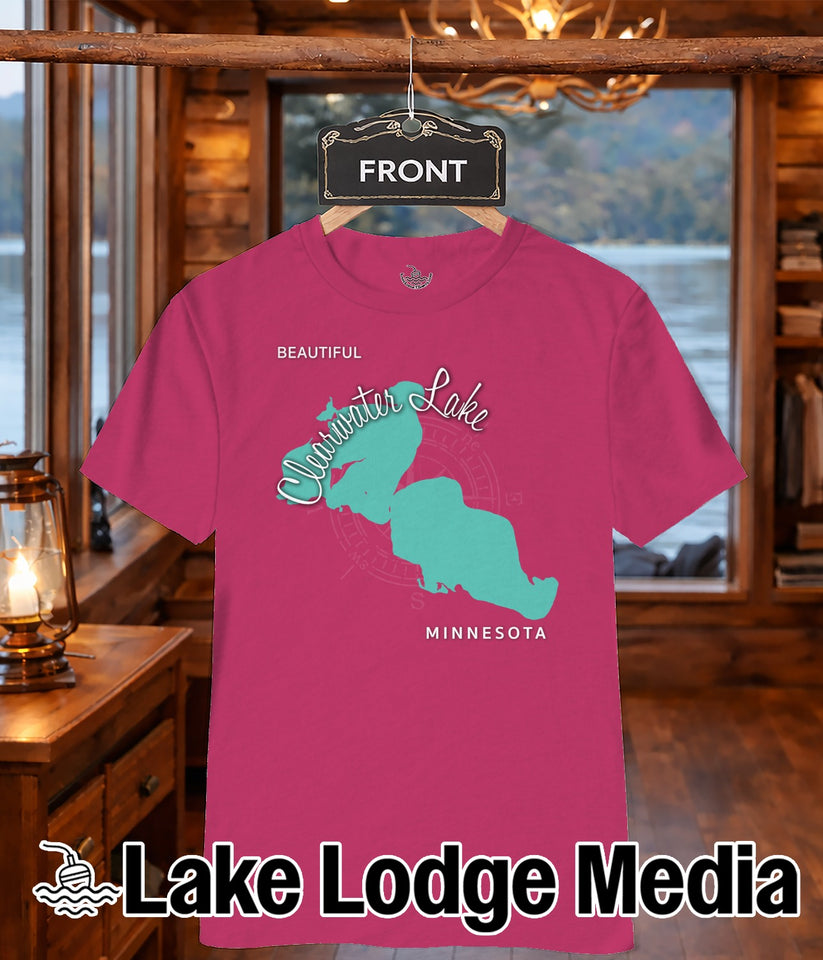 Fuchsia t-shirt with a turquoise lake outline and "Clearwater Lake, Minnesota" text.