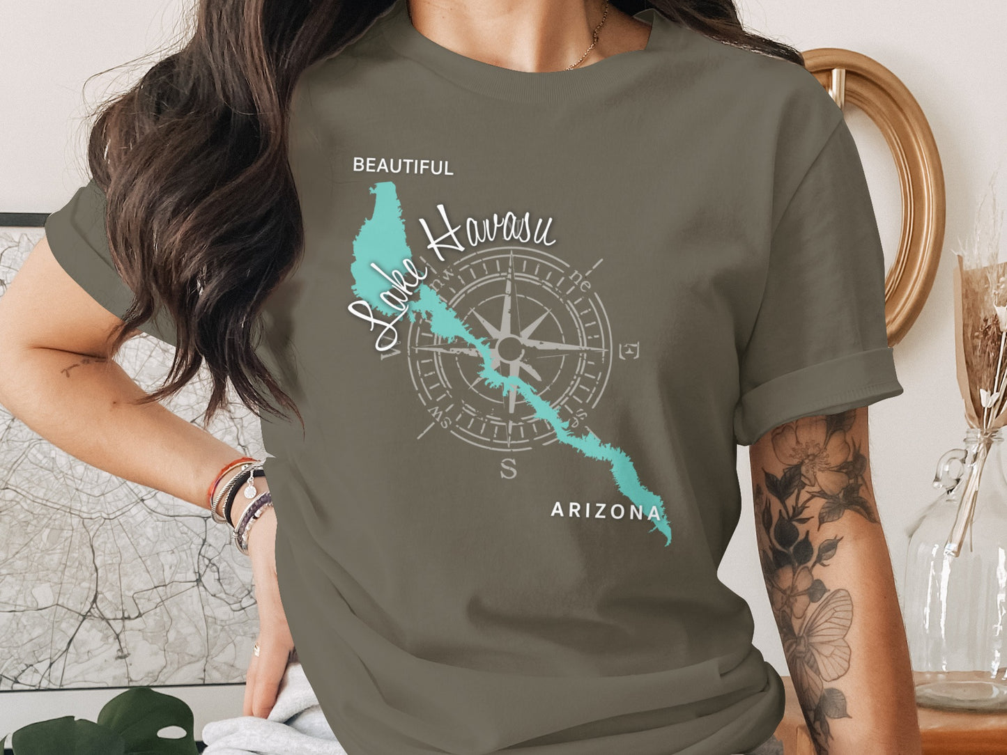 T-shirt with a compass rose and "Beautiful Lake Havasu Arizona" map graphic.