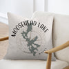 Pillow with Moosehead Lake map, compass, and "Maine" text.