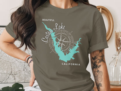 Olive green t-shirt with a stylized map of Castaic Lake, California and compass rose.