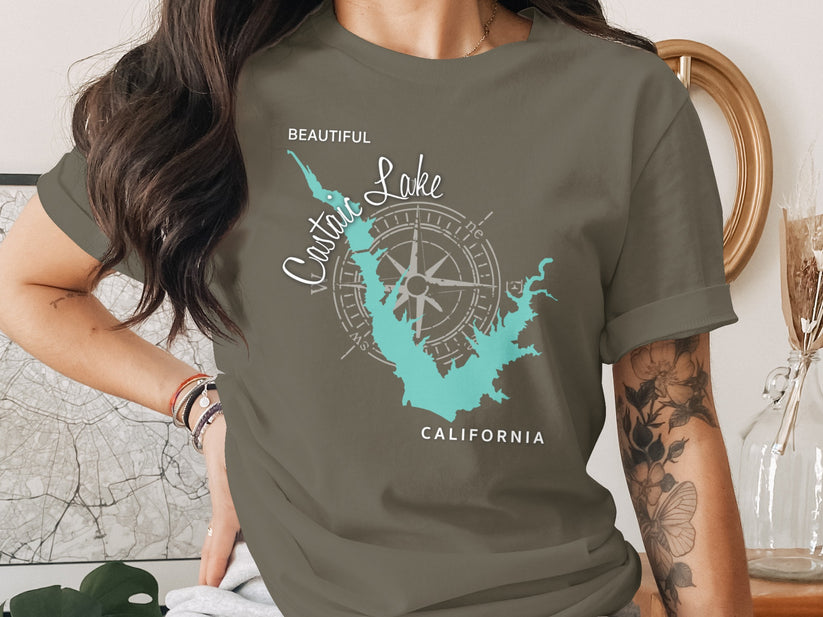Olive green t-shirt with a stylized map of Castaic Lake, California and compass rose.