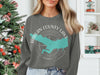 Grey sweatshirt with a teal outline of Harlan County Lake, Nebraska, over a compass graphic.