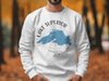 White sweatshirt with Lake Superior map and compass graphic and "Minnesota" text.