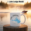 White mug with Lake Rampart Colorado map and compass design.