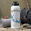 White water bottle with black lid displaying "TOBESOF" text and compass design.