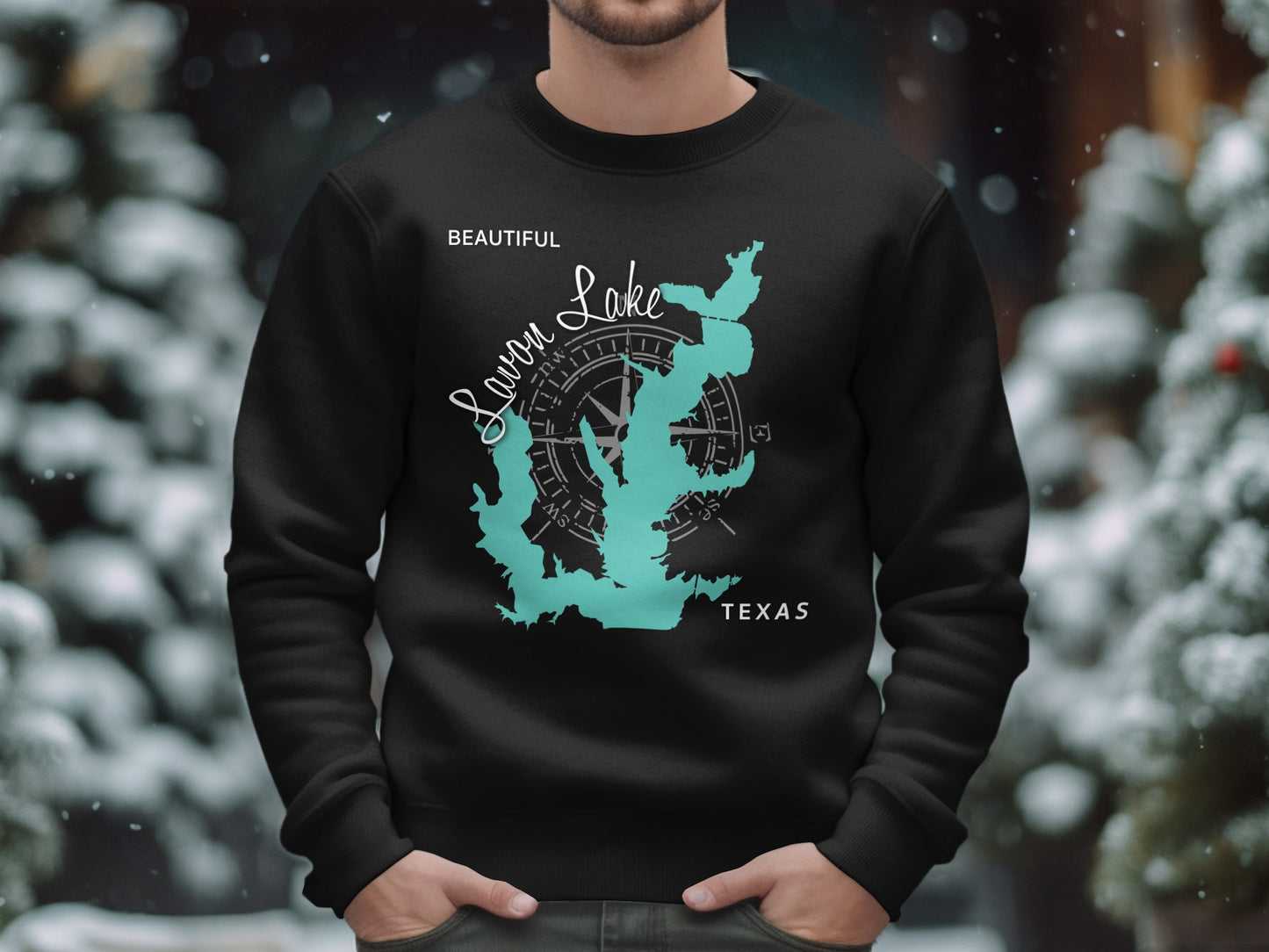 Black sweatshirt with turquoise map of Lavon Lake, Texas and compass design.
