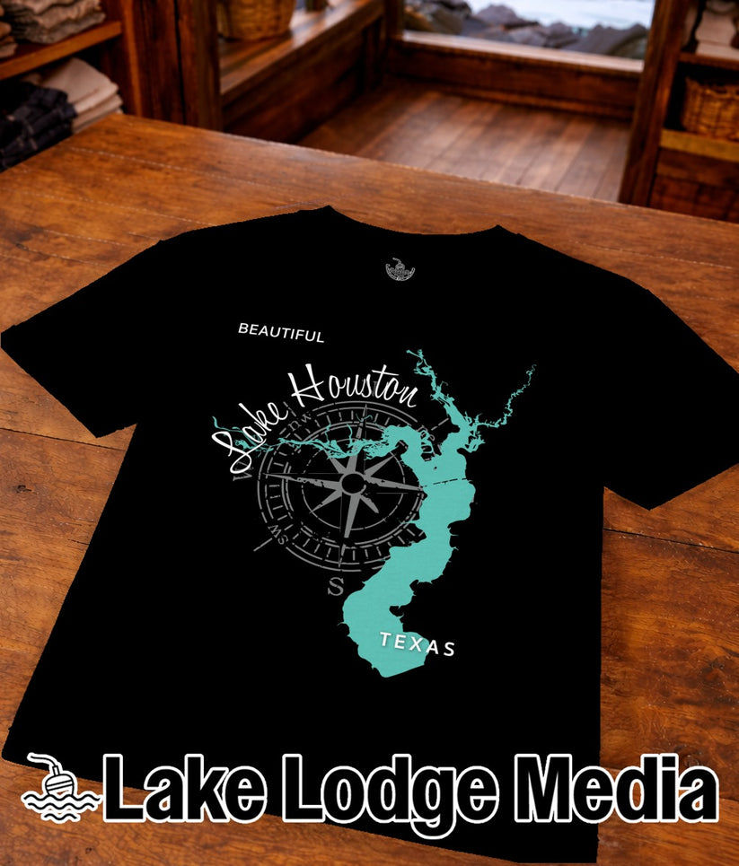 Black t-shirt with "Beautiful Lake Houston Texas" graphic and compass rose.
