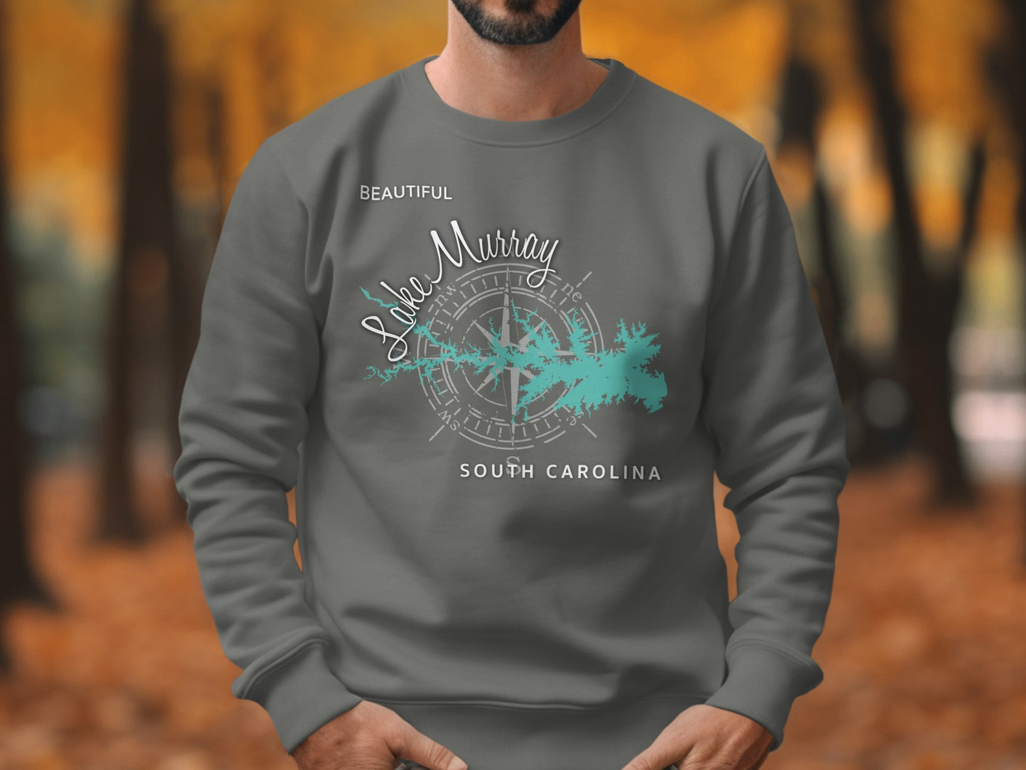 Gray sweatshirt with "Beautiful Lake Murray South Carolina" text and compass rose.