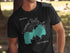 Black t-shirt with a turquoise map of California and compass design.
