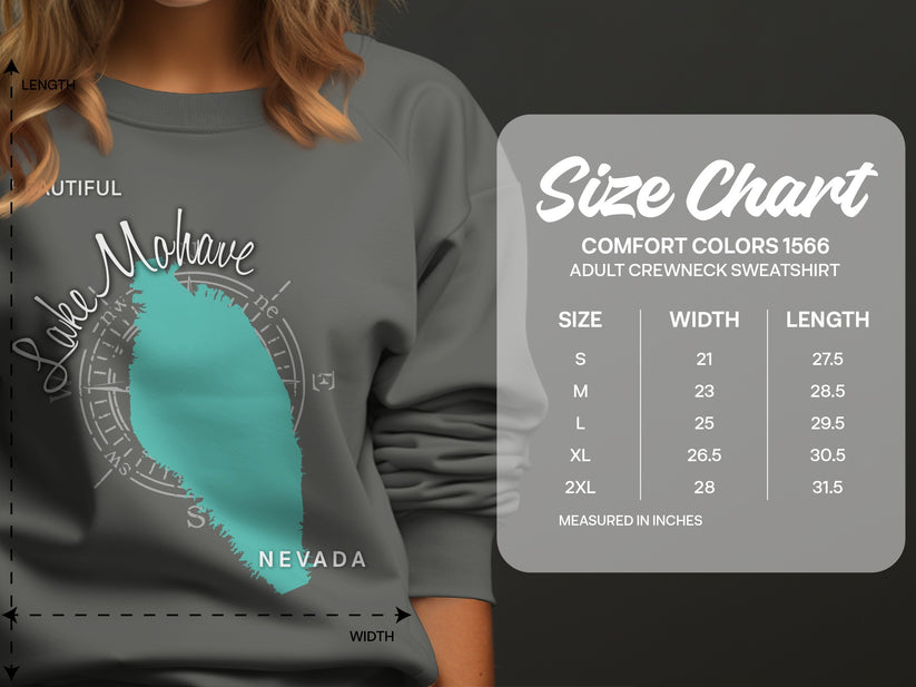 Sweatshirt with Lake Mohave graphic and adult crewneck size chart.