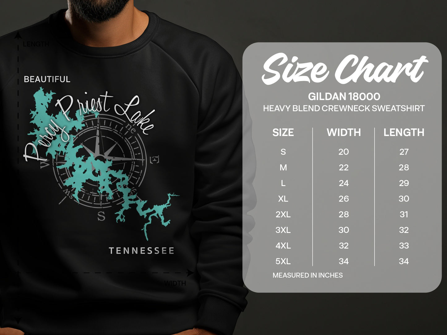 Priest Lake map graphic on sweatshirt with Gildan 18000 size chart.