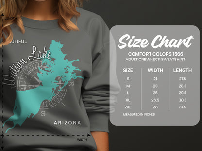 Comfort Colors 1566 sweatshirt size chart with measurements for width and length.