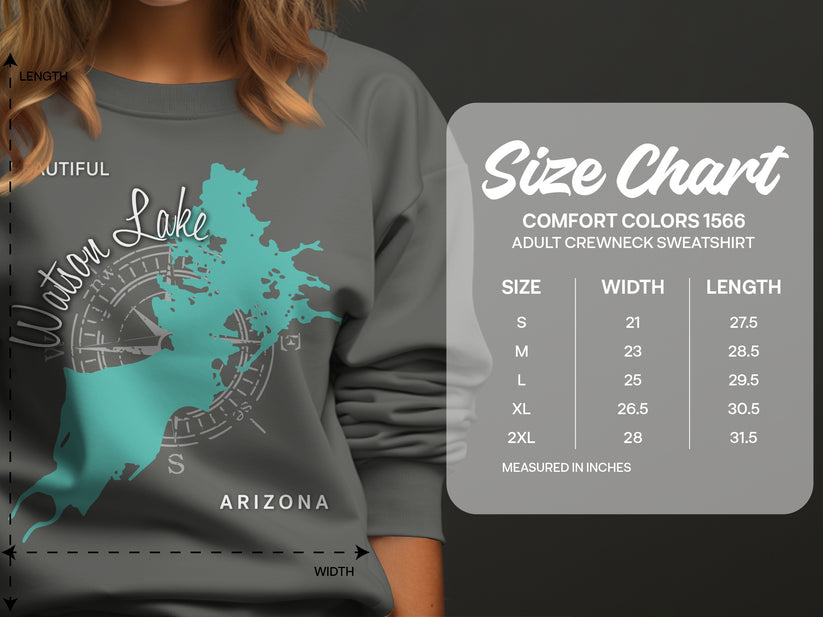 Comfort Colors 1566 sweatshirt size chart with measurements for width and length.