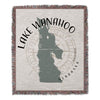 Lake Wanahoo design on a woven blanket with fringed edges and Nebraska text.