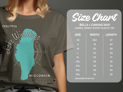 Lake Winnebago Wisconsin map graphic on t-shirt next to size chart.
